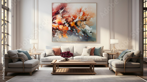 Large spacious living room in modern style with sofa armchairs. Large French windows on the sides. Big painting canva hanging on the wall that can serve as mockup frame for displaying graphics. photo