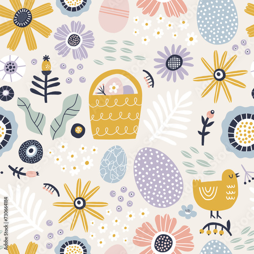 Seamless pattern with Easter symbols and different flowers.