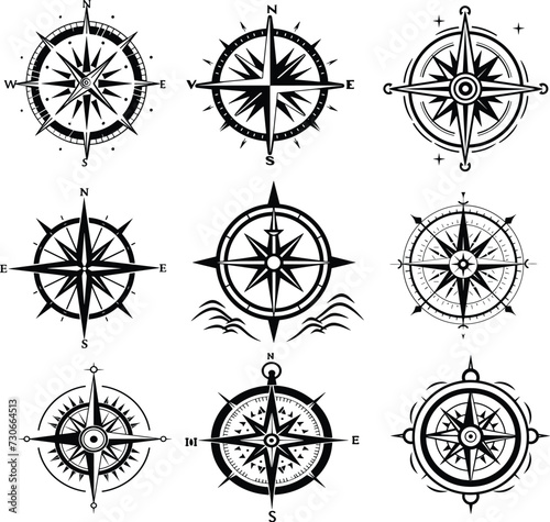 compass silhouette set vector illustration, 
