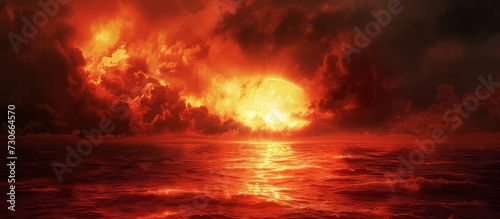 Dramatic red sunset over the sea, signaling the end of the world on an abstract apocalyptic background.