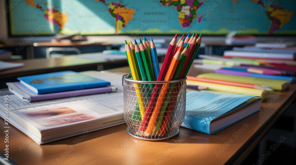 Different colored school equipment on the table in a classroom, concept of education and knowledge Different colored school equipment on the table in a classroom, concept of education and knowledge