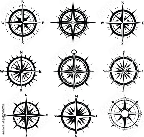 compass silhouette set vector illustration, 