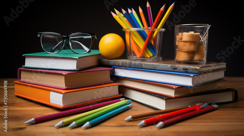 Different colored school equipment on the table in a classroom, concept of education and knowledge