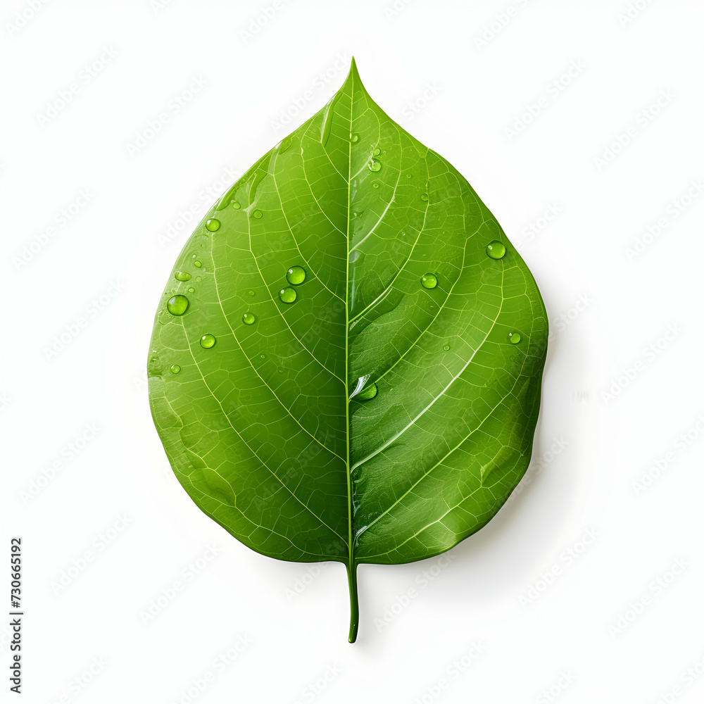 Obraz premium Fresh green wood leaf with water drops on white background, isolated, generative ai