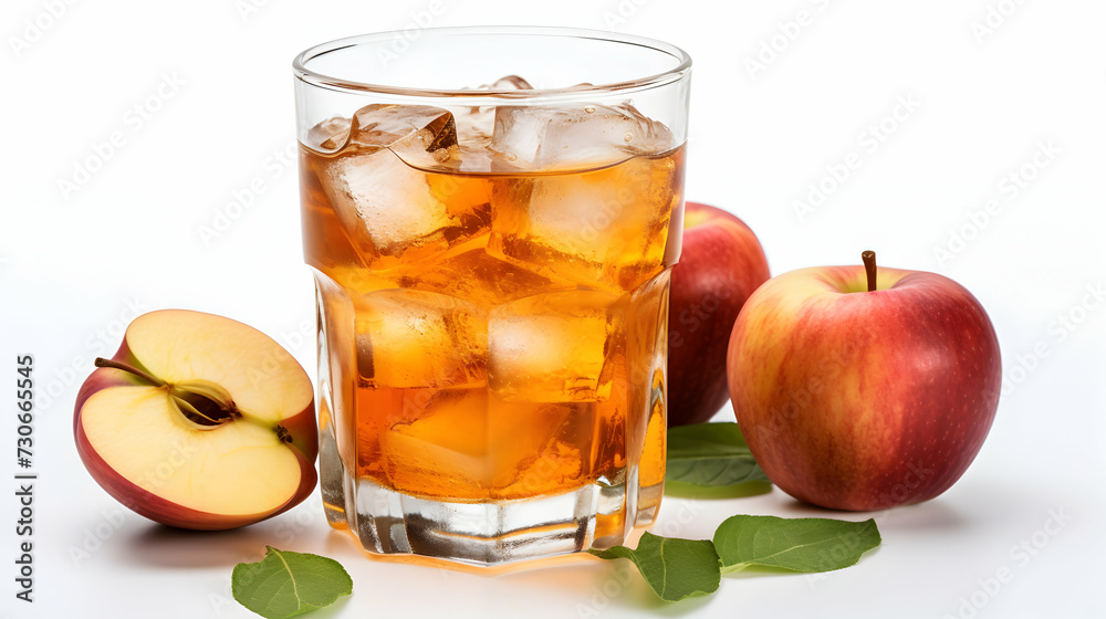 Refreshing Apple Juice in Glass with Ice Cubes, Slices on White Background. Refreshing Apple Juice in Glass with Ice Cubes, Slices on White Background.