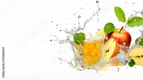 Water splashing  Glass of apple juice and mint and slices of fruit  juice splash isolated on white background with copy space  ad banner. 