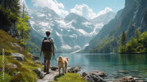 Young man is hiking in the mountains with a dog © bahadirbermekphoto