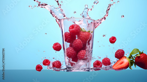 Juicy Berry Juice Splash in Glass on Pastel Blue Background. Fresh Fruits, Isolated.