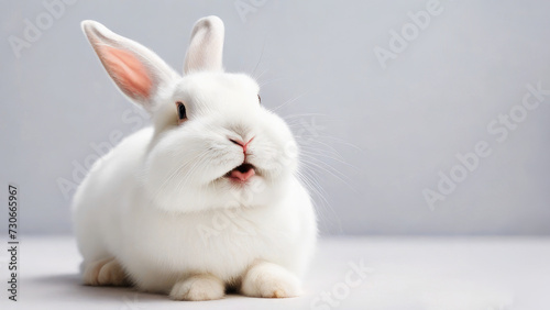 funny little white rabbit on a light background.