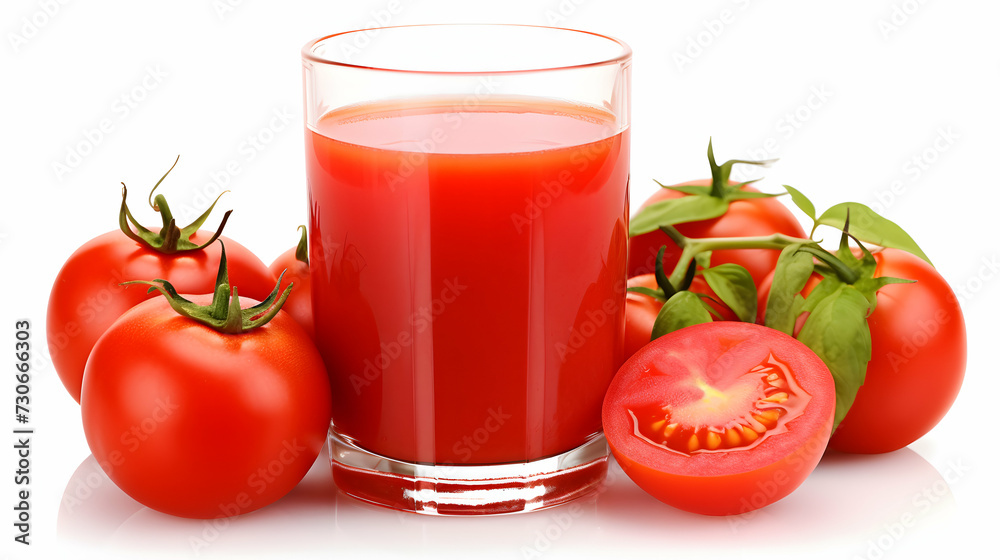 Tomato Juice in Glass with Fresh Tomatoes, Isolated on White. Generative AI. Tomato Juice in Glass with Fresh Tomatoes, Isolated on White. Generative AI.