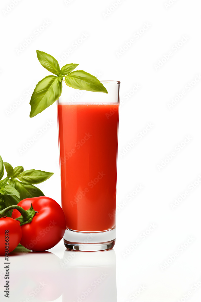 Vibrant Tomato Juice in Glass with Raw Tomatoes on White Background. Vibrant Tomato Juice in Glass with Raw Tomatoes on White Background.