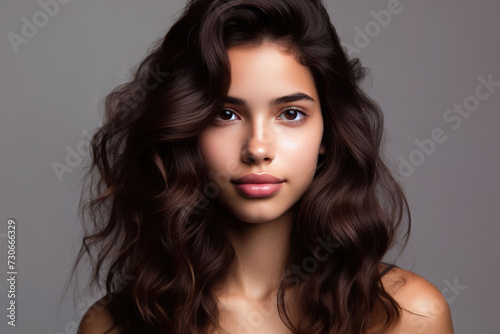 Portrait of a beautiful brunette woman with long wavy hair. Copycpase.
