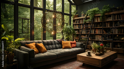Living room with a large sofa in a conservatory full of green plants. Spacious room with large windows. © pawczar