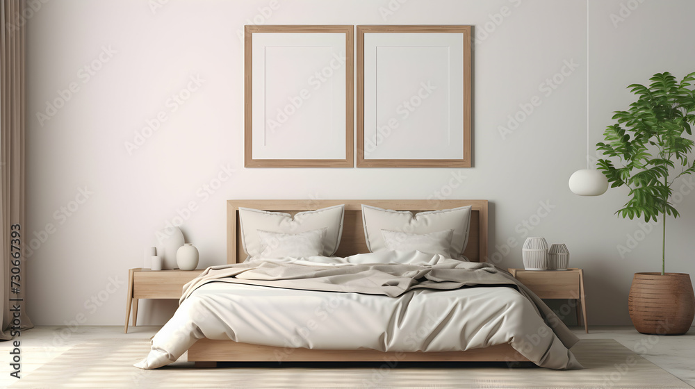 Fototapeta premium Poster frame mockup hanging above bed in cozy bedroom, simple stylish design interior