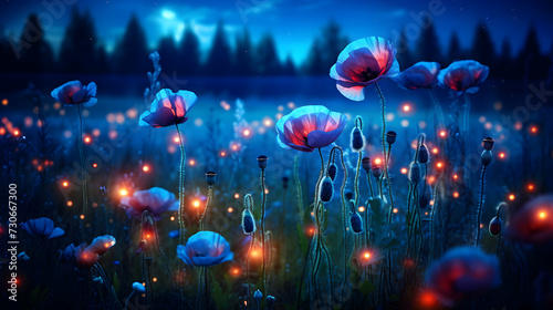 Wallpaper Mural Nighttime Poppy Meadow with Soft Focus and Ethereal Blue Hue. Captivating Summer Nature Backdrop. Ideal for Wallpaper and Seasonal Themes. Torontodigital.ca
