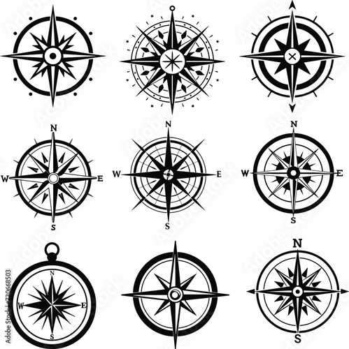 compass silhouette set vector illustration, 
