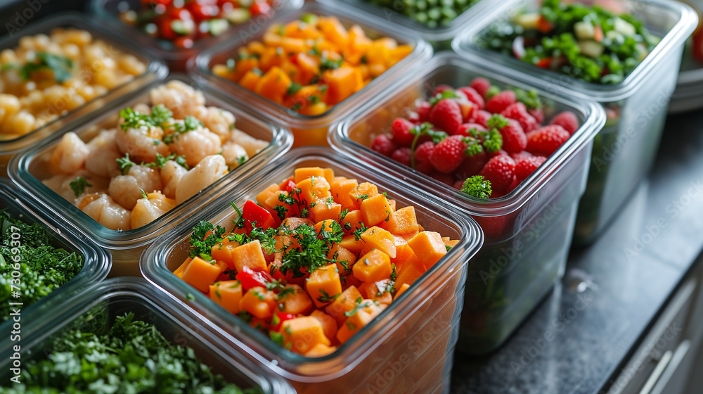 Plastic bins full of fresh and raw ingredients. Packing for the week. Chopped colorful ingredients.
