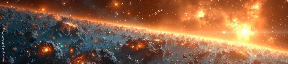 A space convoy navigates through a dazzling asteroid field, enveloped in the brilliance of distant star clusters  - obrazy, fototapety, plakaty 