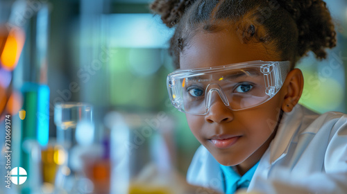 Junior scientist. Cute black girl in science lab at shool.