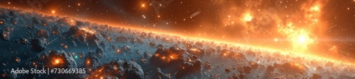 A space convoy navigates through a dazzling asteroid field, enveloped in the brilliance of distant star clusters 