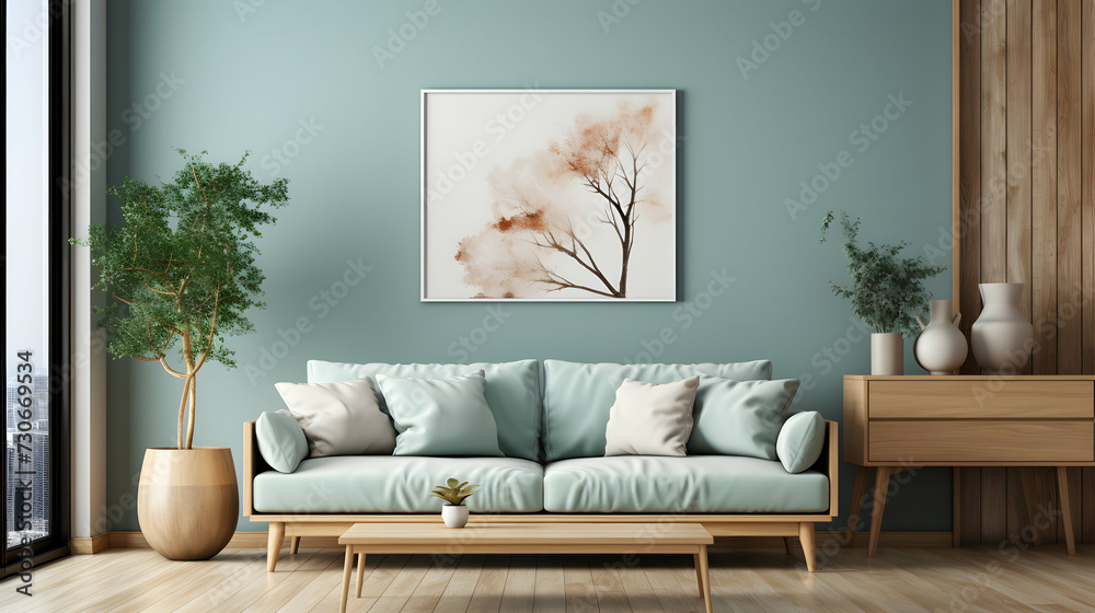 Naklejka premium Contemporary Living Room Setting with Stylish Mint Sofa and Mockup Poster Frame. Ideal for Home Decor Inspiration.