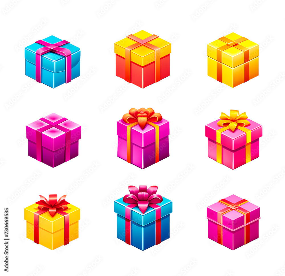 Set of colorful gift boxes with ribbons and bows isolated on white background. Vector illustration Set of colorful gift boxes with ribbons and bows isolated on white background. Vector illustration