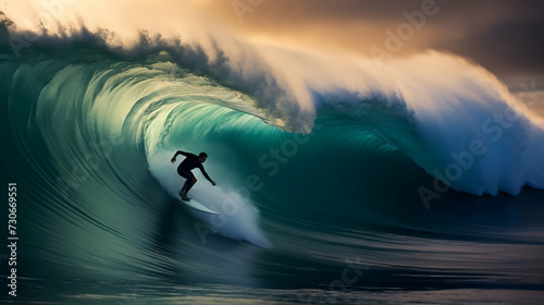 Surfer Riding Blue Ocean Barrel at Sunrise or Sunset © pawczar