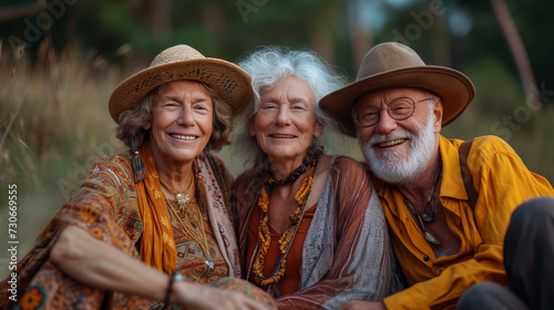 Three senior brothers and sisters in Bohemian style clothes during a family reunion.