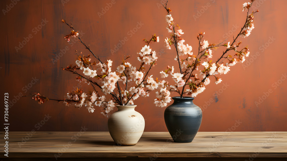 Panoramic header of wooden vase with spring flowers on the wooden console table. Textured wall as background. 