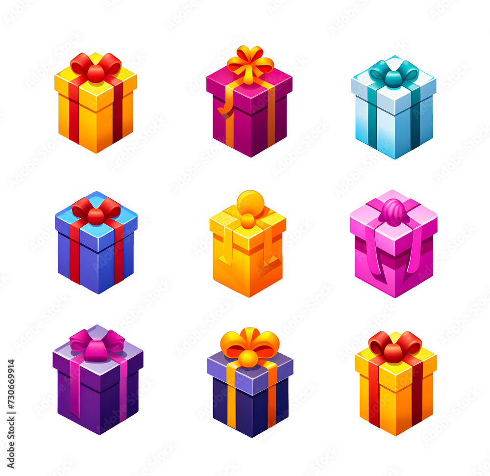 Set of colorful gift boxes with ribbons and bows isolated on white background. Vector illustration Set of colorful gift boxes with ribbons and bows isolated on white background. Vector illustration