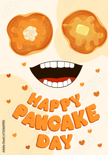 Vector banner for Pancake Day. Pancakes with melted butter and maple syrup, smile and text on a pink background. Food illustration. Congratulation banner, card, image.