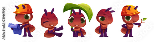 Cute brown ant cartoon character in different poses. Vector set of funny childish insect mascot work and rest. Small ant in helmet stand with blueprints of house and plant branch, laughing and sad.