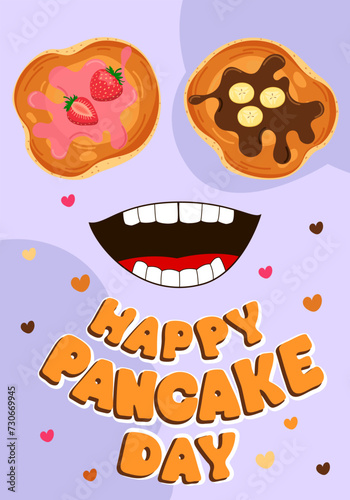Vector banner for Pancake Day. Pancakes with frucati, melted butter and chocolate, smile and text on a blue background. Food illustration. Congratulation banner, card, image.
