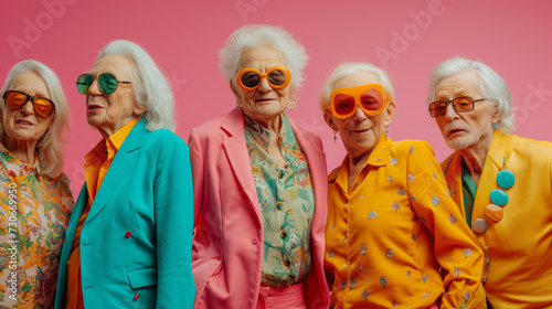 Senior citizens in bright colorful attire, ready to attend a retro dance party. On pink background.
