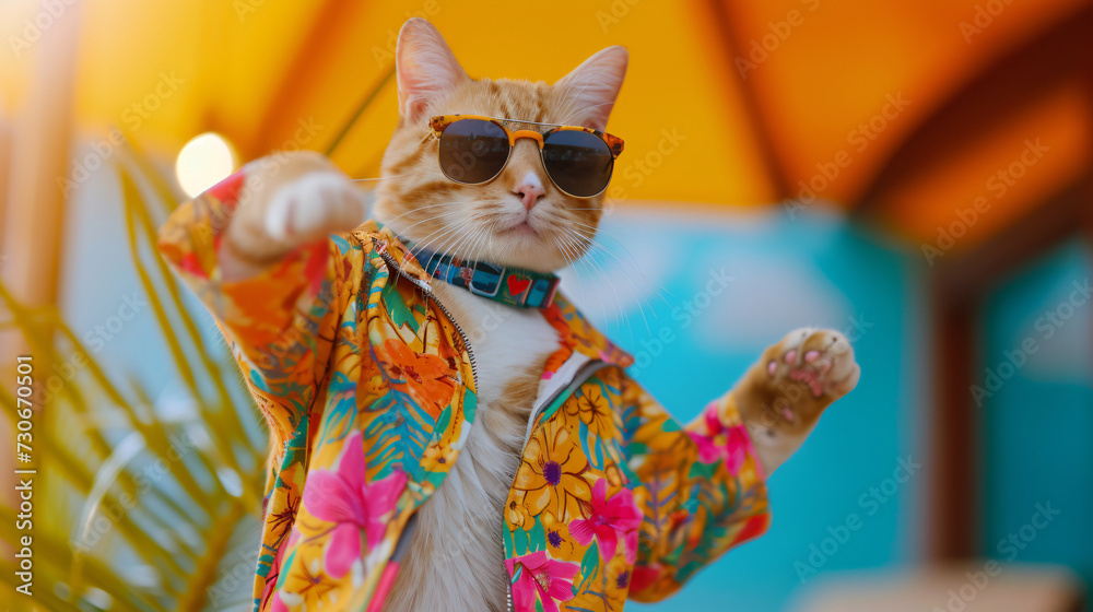 Cat wearing summer T shirt with sunglasses