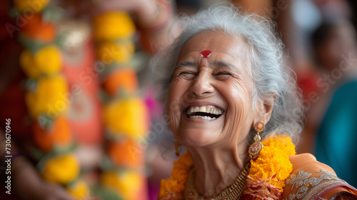 Genuine laughter of a Hindu middle aged woman during a wedding celebration.