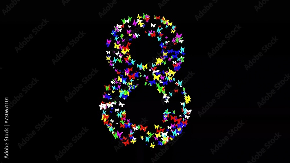 Beautiful illustration of number 8 with colorful butterflies on plain black background Beautiful illustration of number 8 with colorful butterflies on plain black background