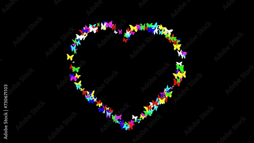 Beautiful illustration of heart shape with colorful butterflies on plain black background Beautiful illustration of heart shape with colorful butterflies on plain black background