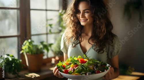 Young woman fully engaged in enjoying a nutritious salad while holding a bowl of fresh greens  deeply involved in the diet and fitness theme. Joyful conveys his dedication to heart health. 