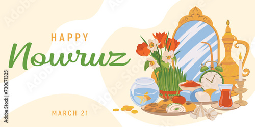Illustration of a seed  grass  with an oval mirror  eggs  sweets  apples and a lit candle. Greeting card for the celebration of Happy Nowruz  Persian New Year. Vector illustration in katroon style.