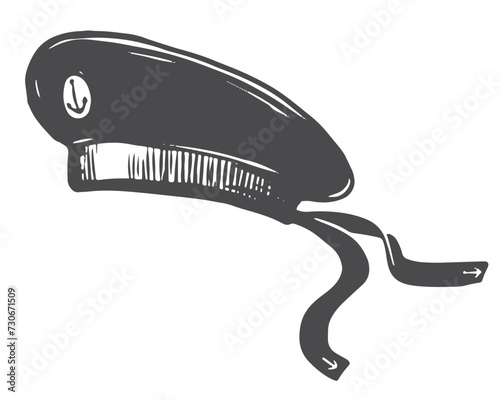Vector sailor cap, headdress of a Russian military sailor. Monochrome illustration in engraving style. Illustration in graphic style, engraving effect.