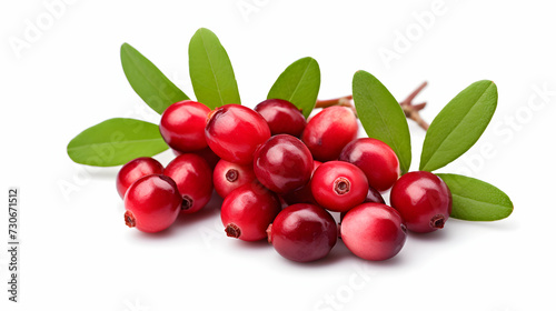 Bright Cranberries and Leaves on White Background. Ideal for Food Blogs and Autumn-themed Designs. Seasonal Harvest during Autumn Time, Thanksgiving Holiday.