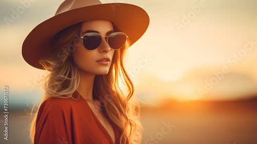 Trendy Beach Portrait of Hipster Woman with Hat and Sunglasses Captured During Sunset. Retro Style Colors Add Touch of Sophistication. Plenty of Copy Space Included for Your Creativity.