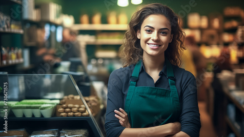 A young woman wearing a supermarket uniform stands confidently in front of neatly organised shelves stocked. Friendly and helpful customer service. Generative AI.