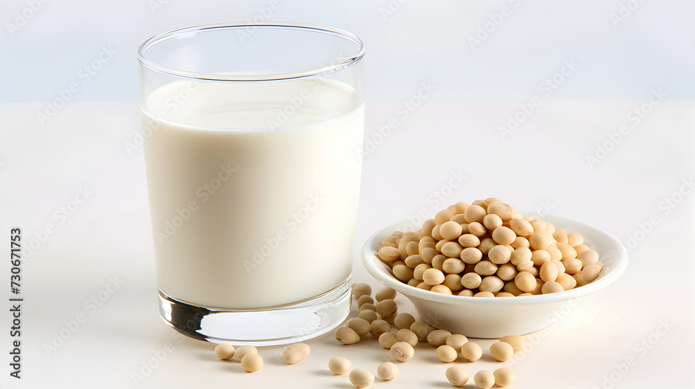 Glass of soya milk surrounded by soya beans on white background, isolated Glass of soya milk surrounded by soya beans on white background, isolated