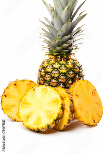 Whole pineapple and sliced pieces isolated on white background. Tropical fruit concept.