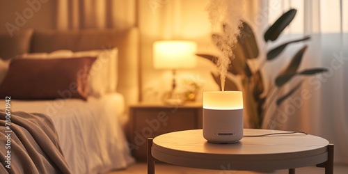Humidifier on the table at home and spreading steam into the bedroom. Portable humidifier for clean air purification electric aroma diffuser. © Valeriia