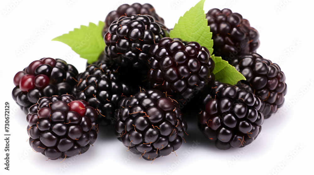 Freshly picked blackberry berry with rain drops, isolated on a white background. Generative AI. Freshly picked blackberry berry with rain drops, isolated on a white background. Generative AI.