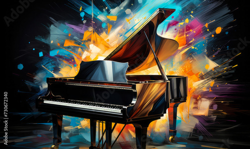 Abstract Artistic Explosion of a Grand Piano with Dynamic Color Strokes and Geometric Shapes, Representing Musical Creativity photo