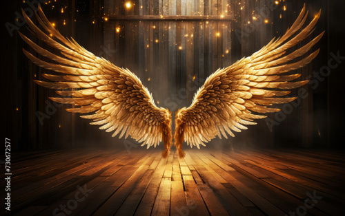 Majestic golden angel wings spread wide open in a wooden room with ethereal light and sparkling dust, symbolizing freedom, spirituality, and guidance photo